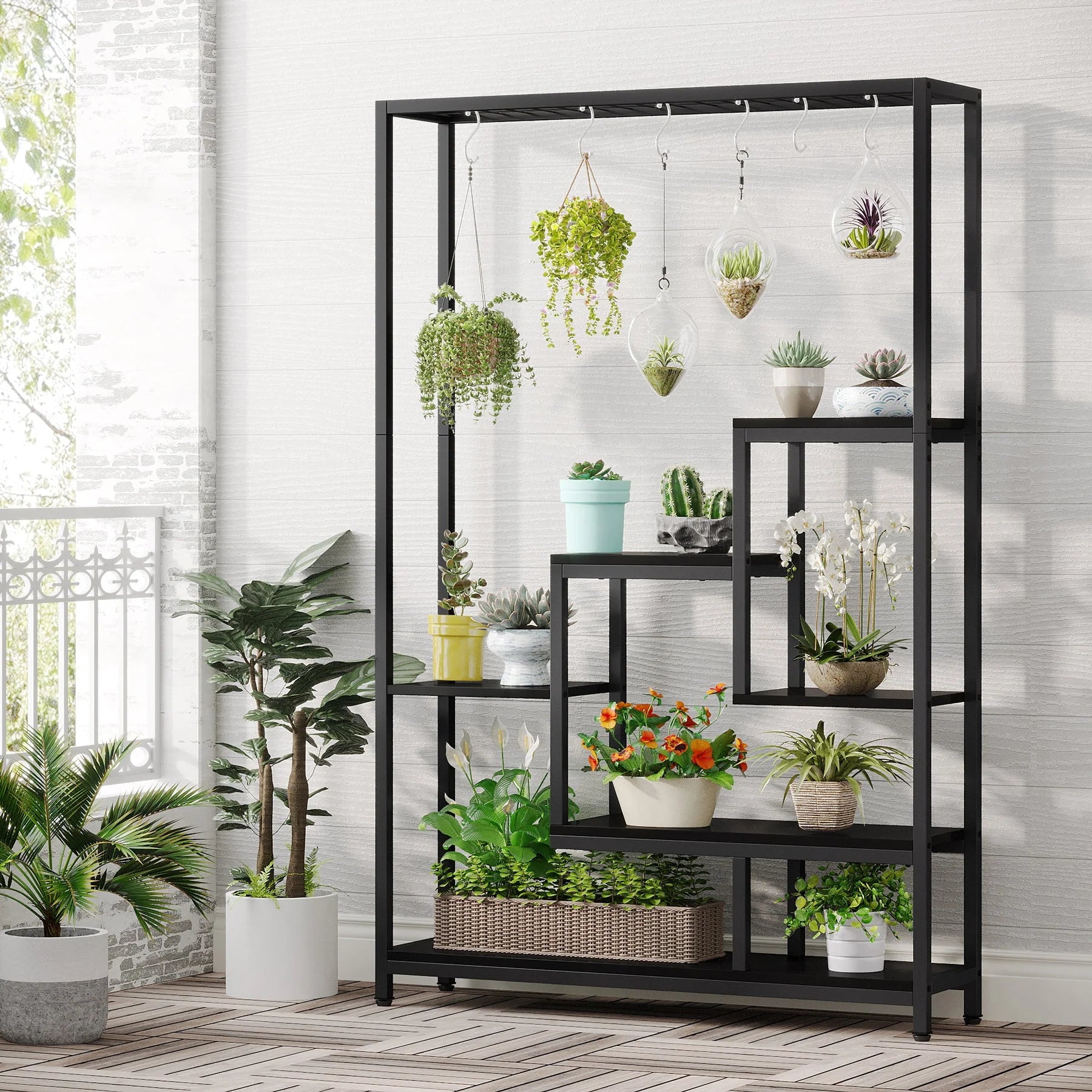 70.9" Plant Stand, Large Flower Bonsai Shelf with 6 S Hanging Hooks