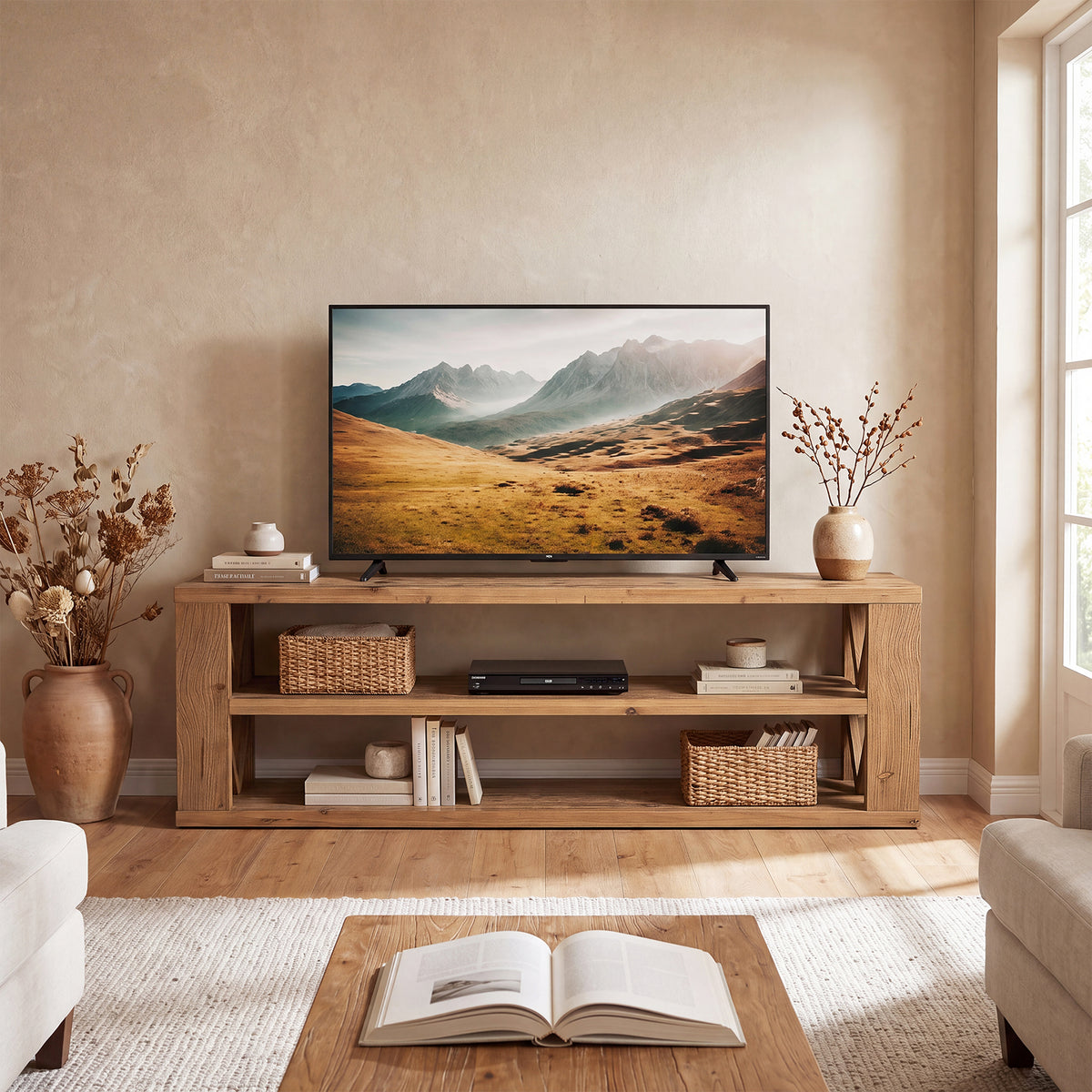 120cm TV Stand, 3-Tier Solid Wood Media Console with Open Shelf