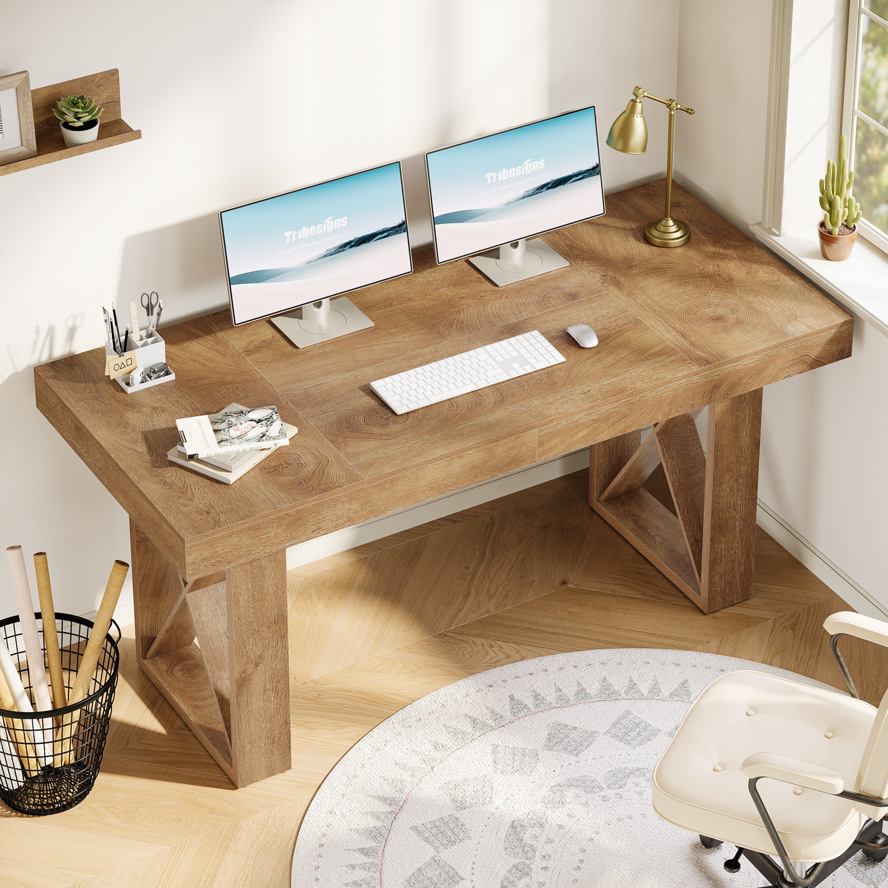 63“ Computer Desk with Thick Desktop, Writing Workstation for Home Office Study Room