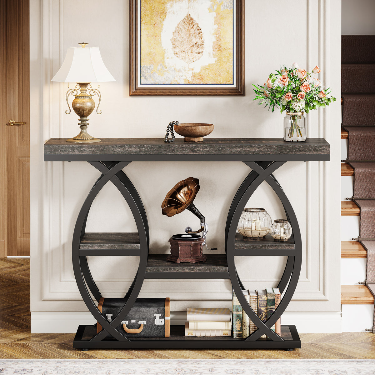 39.4" Console Table, 4-Tier Narrow Sofa Table with Metal Frame & Storage