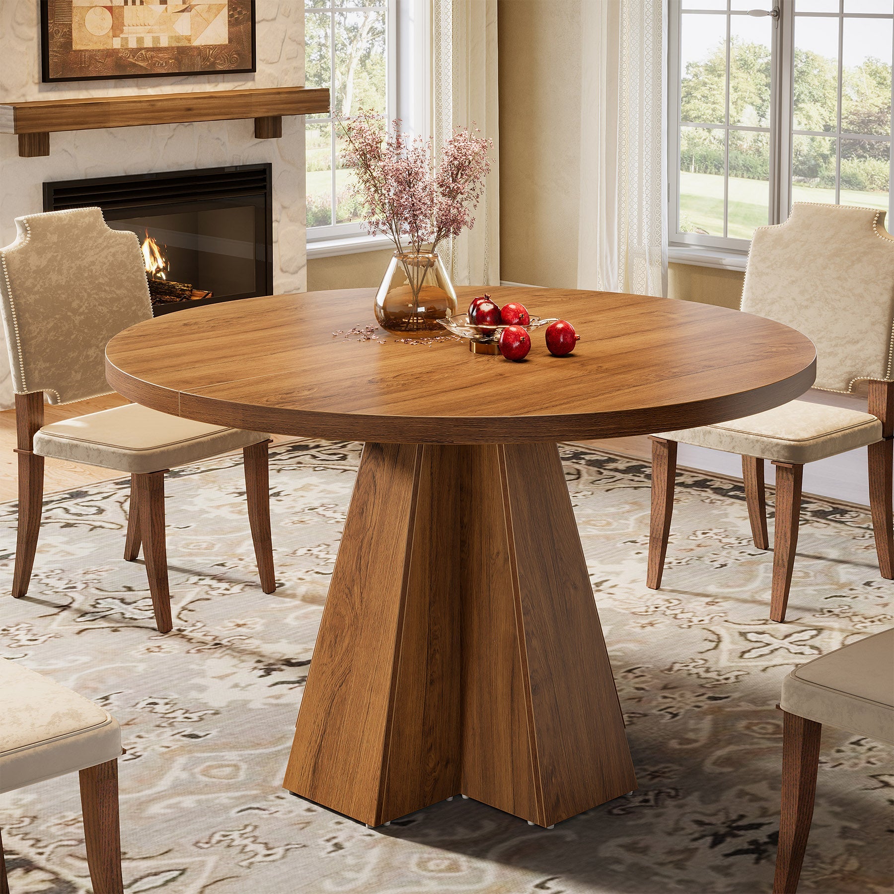 46.5" Round Dining Table for 4, Circle Kitchen Table with Pedestal Base
