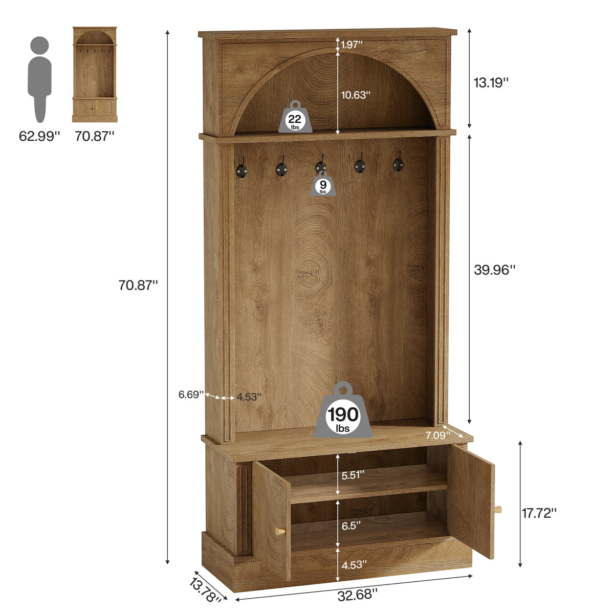 180cm Hall Tree, 4-in-1 Entryway Coat Rack with Shoe Bench & Storage Cabinet