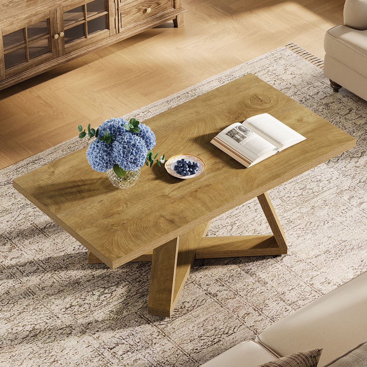 120cm Rectangle Coffee Table, Farmhouse Wooden Accent Table for Small Spaces