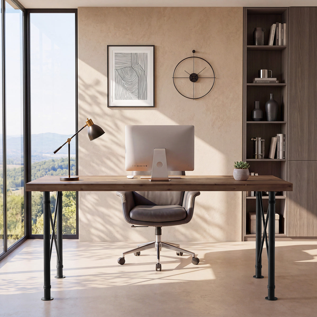160cm Computer Desk, Solid Wood with X-Frame Metal Base for Home Office