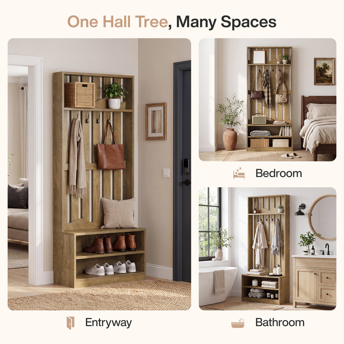 182cm Hall Tree, Farmhouse Entryway Storage with Bench & 4 Coat Hooks