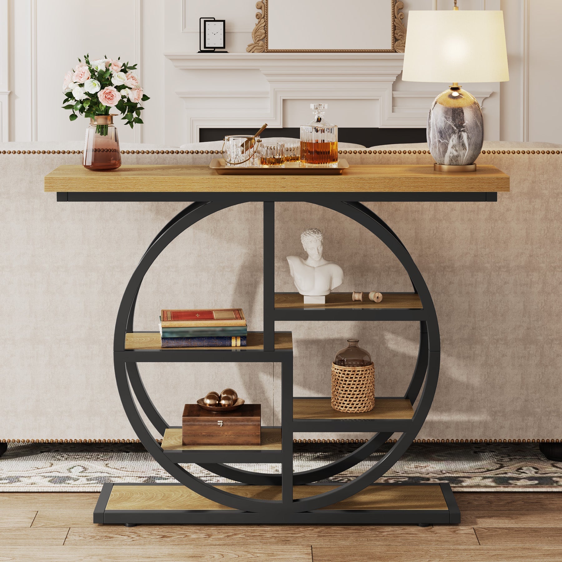 41" Industrial Console Table, Narrow 6-Tier Sofa Entryway Table with Circle Base