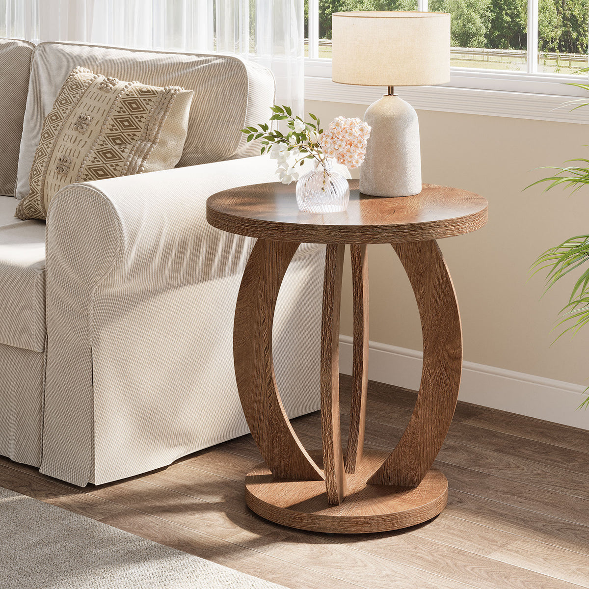 60cm Round End Table, Rustic Side Table with Storage for Living Room