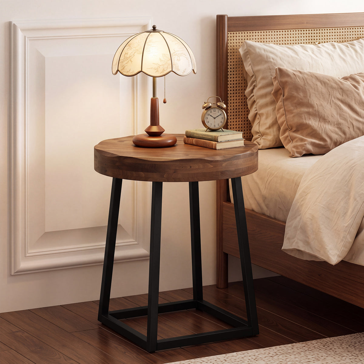 50cm Round End Table, Solid Wood Live Edge Side Table with Metal Base for Living Room