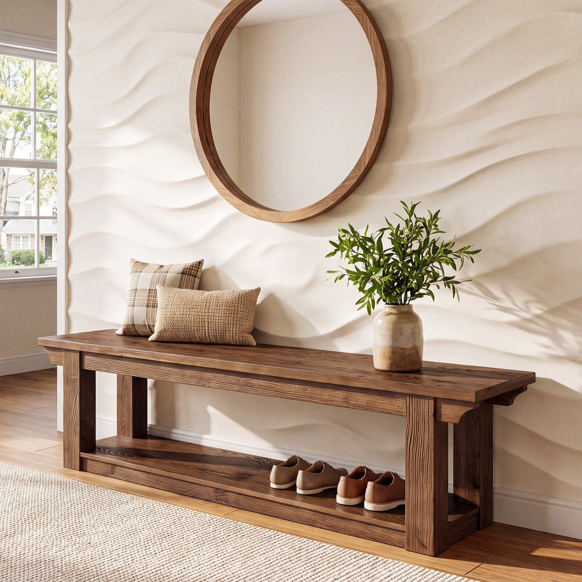 160cm Entryway Shoe Bench, Farmhouse Solid Wood 2-Tier Storage for Hallway Bedroom