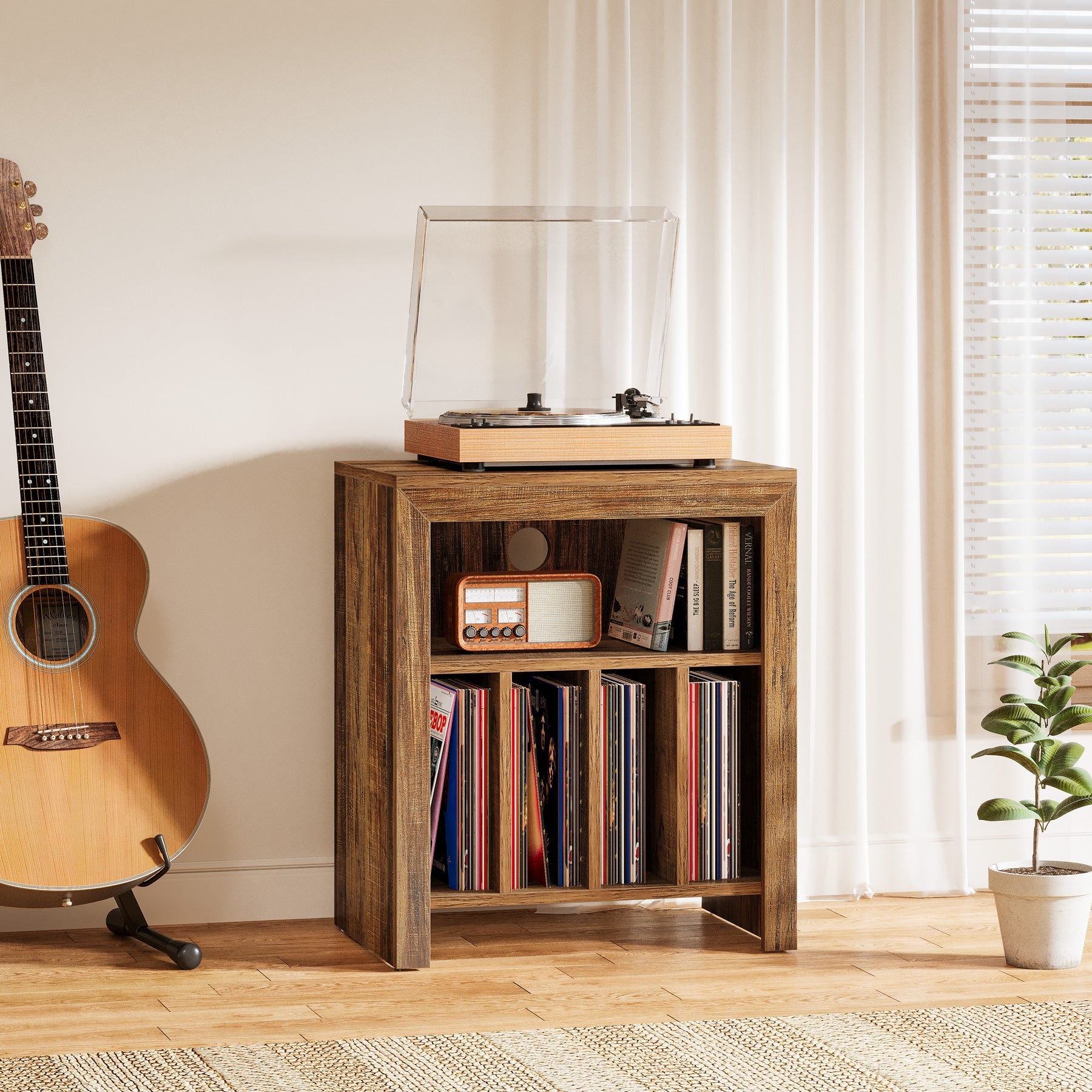 23.62" Industrial Record Player Cabinet with Wheels, Vinyl CD Media Storage Side Table