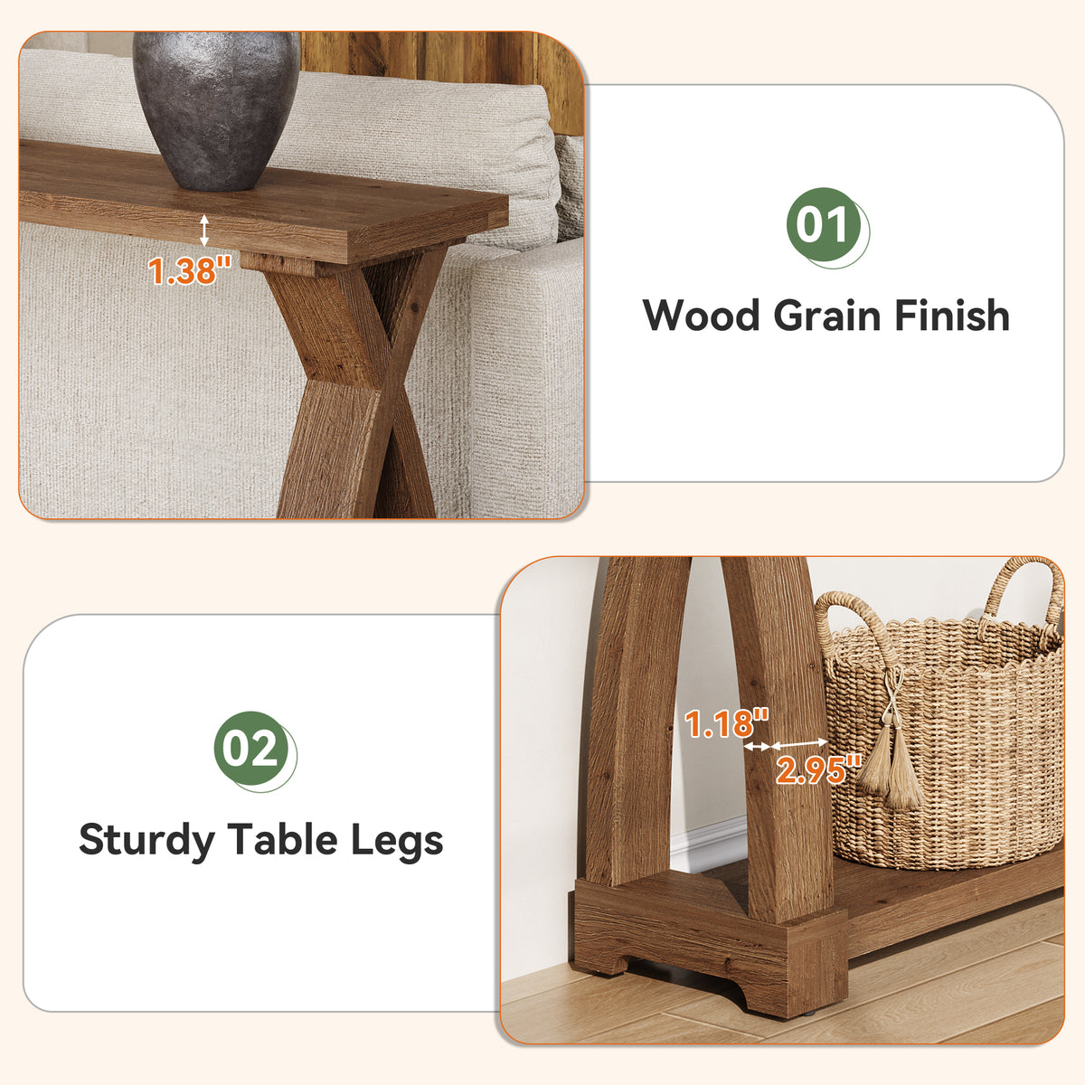 200cm Console Table, Solid Wood 2-Tier Narrow Hallway Table