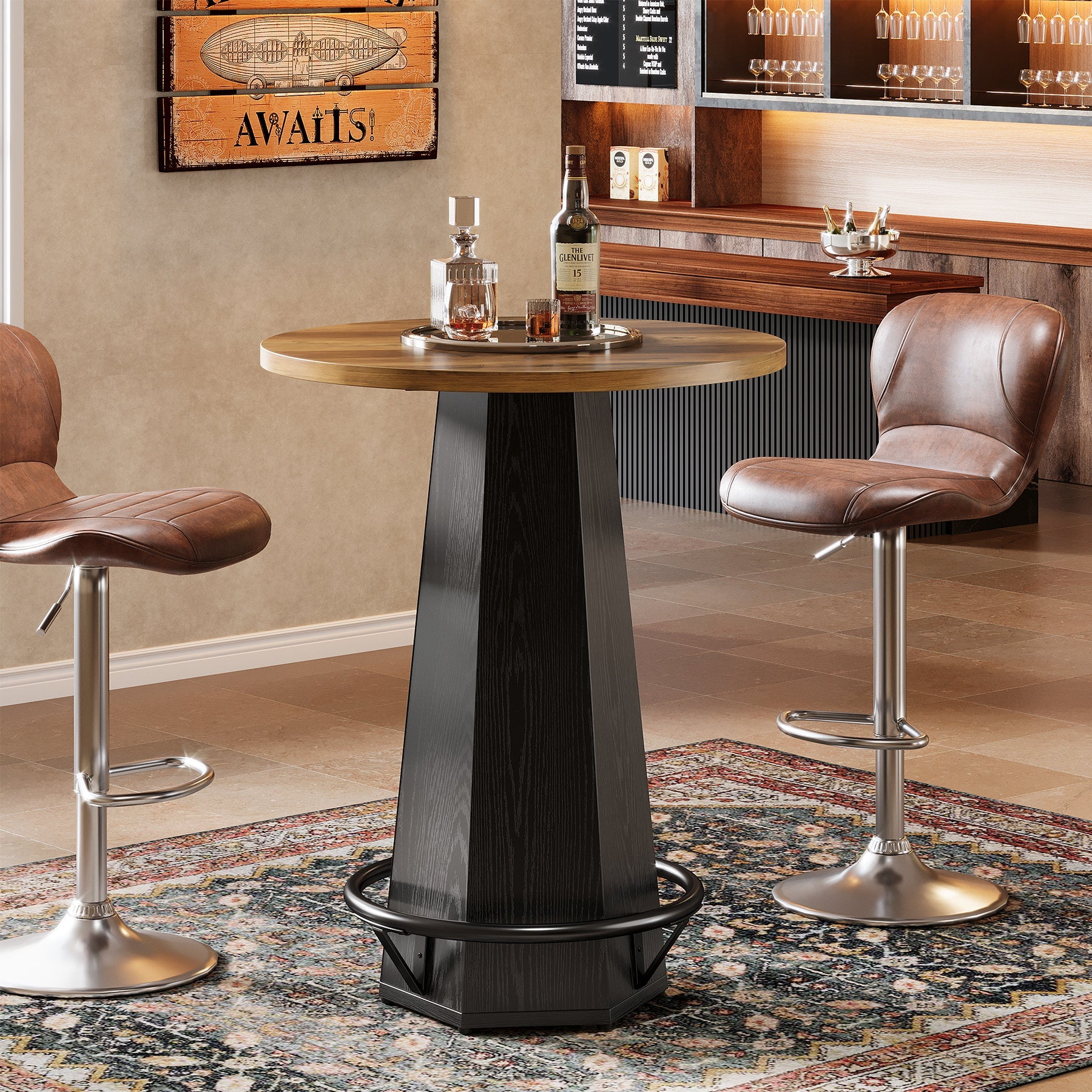 Round Bar Table, 39.4" H Bistro Pub Cocktail Table with Metal Footrest (Only Table)