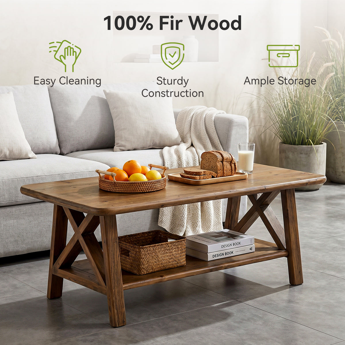 120cm Rectangular Coffee Table, Country Solid Wood with Storage Shelf for Living Room