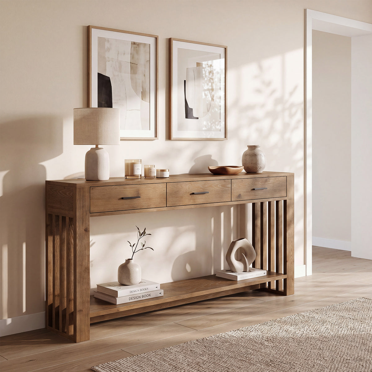 160cm Console Table, Solid Wood 3-Drawer 2-Tier Narrow Farmhouse Entryway Table
