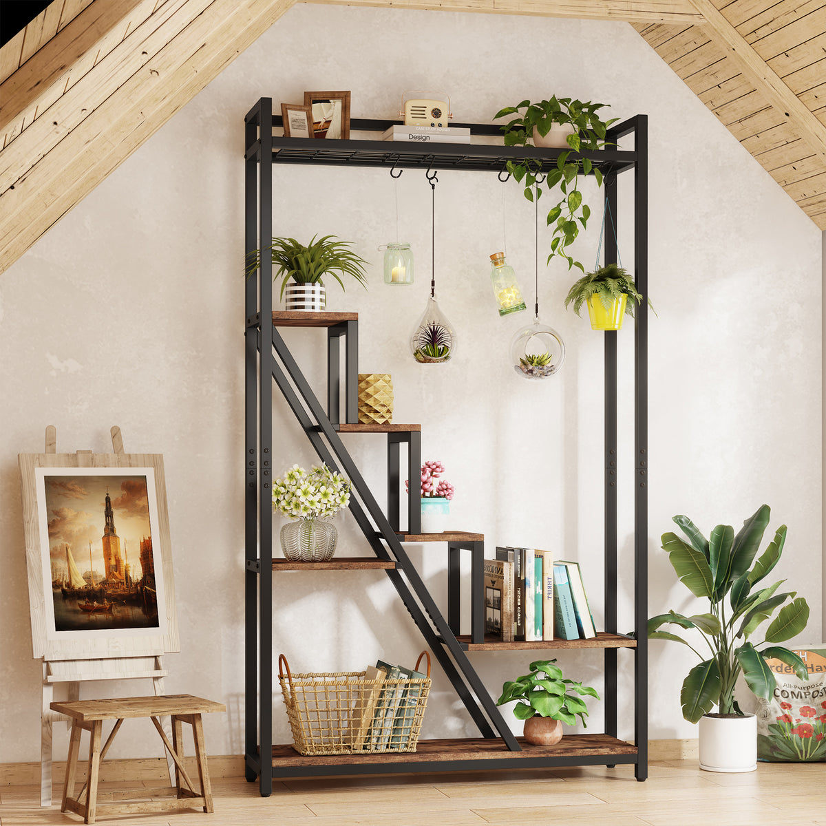 180cm Tall 7-Tier Plant Stand, Tall Flower Plant Shelf with 5 S-Hooks