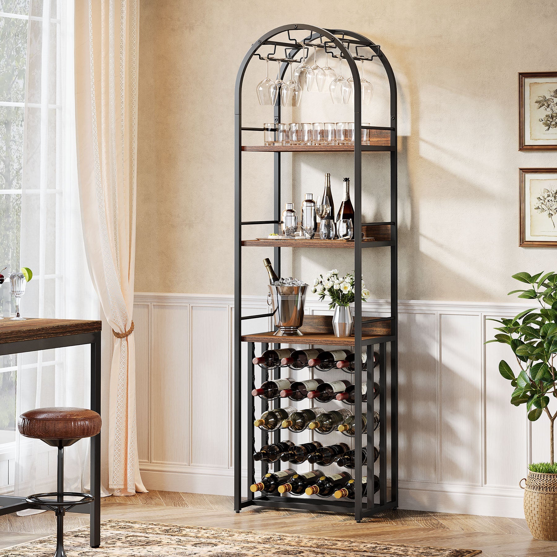 72.04" Tall Wine Rack with Glass Holder, Industrial Metal Wine Storage Stand with Tabletop