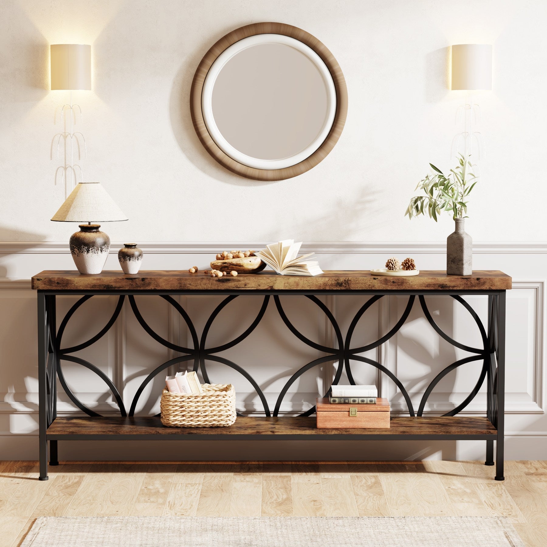 63" Industrial Console Table, Narrow Sofa Table with Storage Shelf