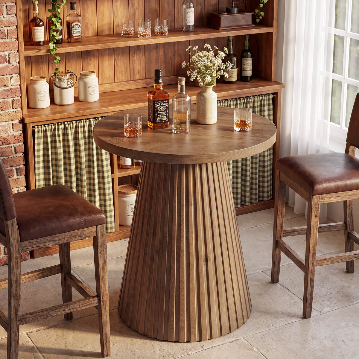 89cm Round Bistro Table, Farmhouse Pub Table with Fluted Wine Barrel Base