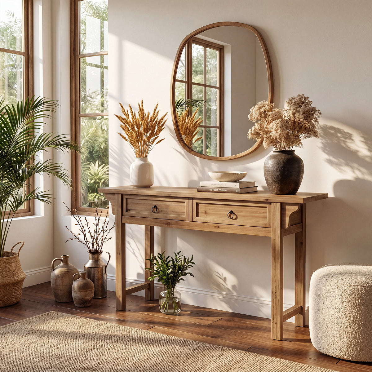 160cm Console Table, Solid Wood Narrow Hallway Table with 2 Drawers & Storage