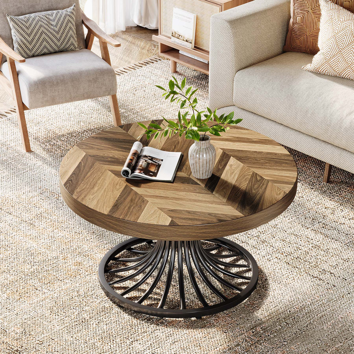 79cm Round Coffee Table, Rustic Wood Top with Metal Base for Living Room