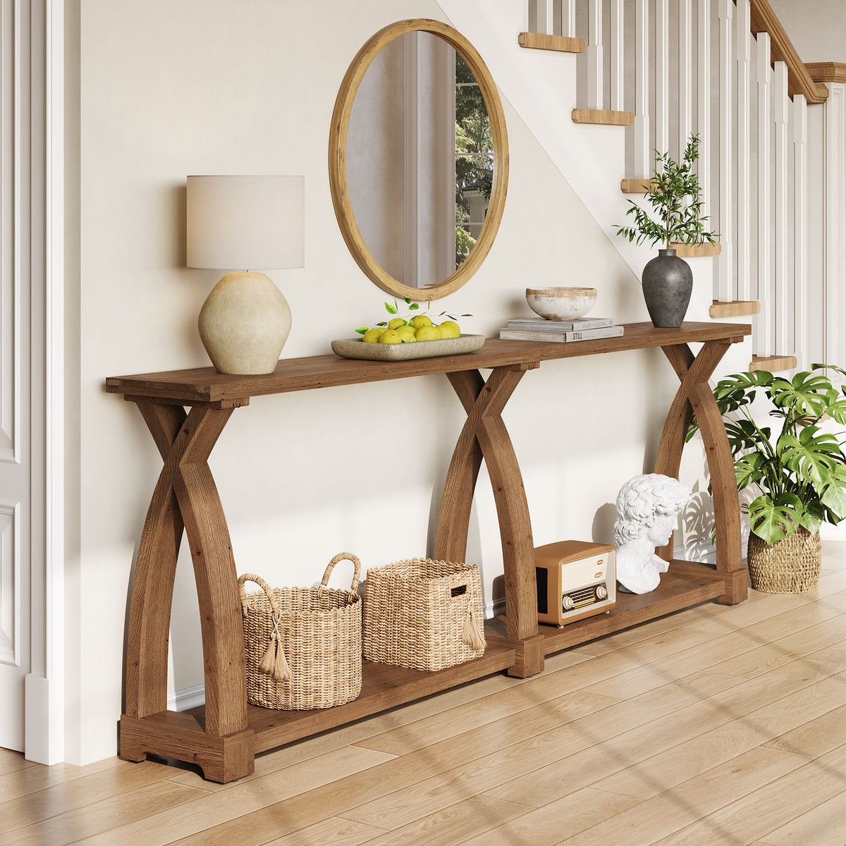 200cm Console Table, Solid Wood 2-Tier Narrow Hallway Table