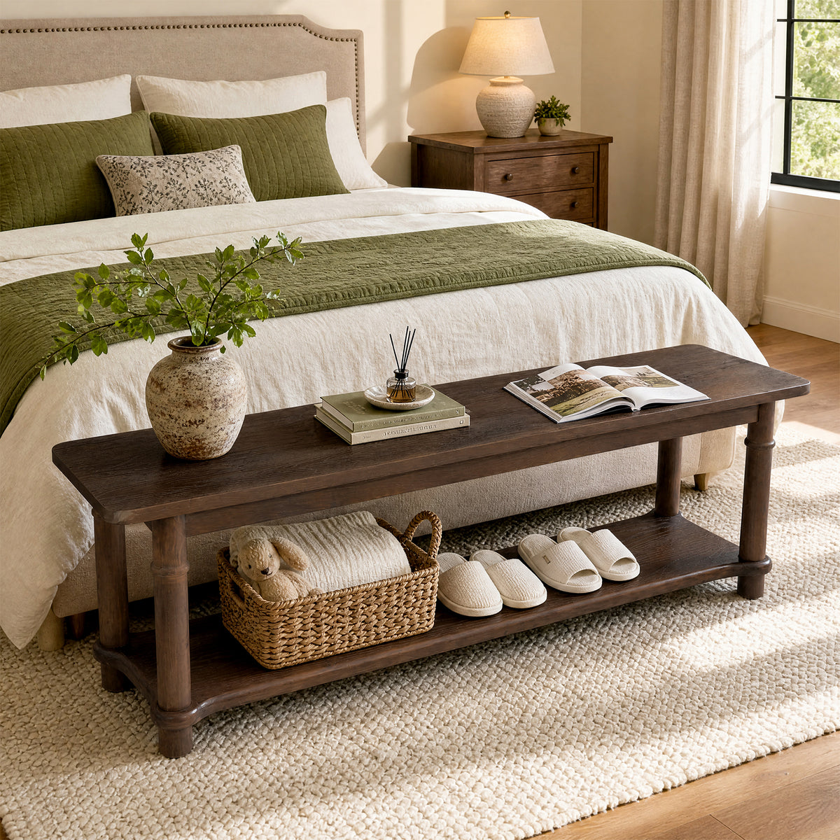 140cm Entryway Bench, Farmhouse 2-Tier Solid Wood Shoe Bench with Open Shelf