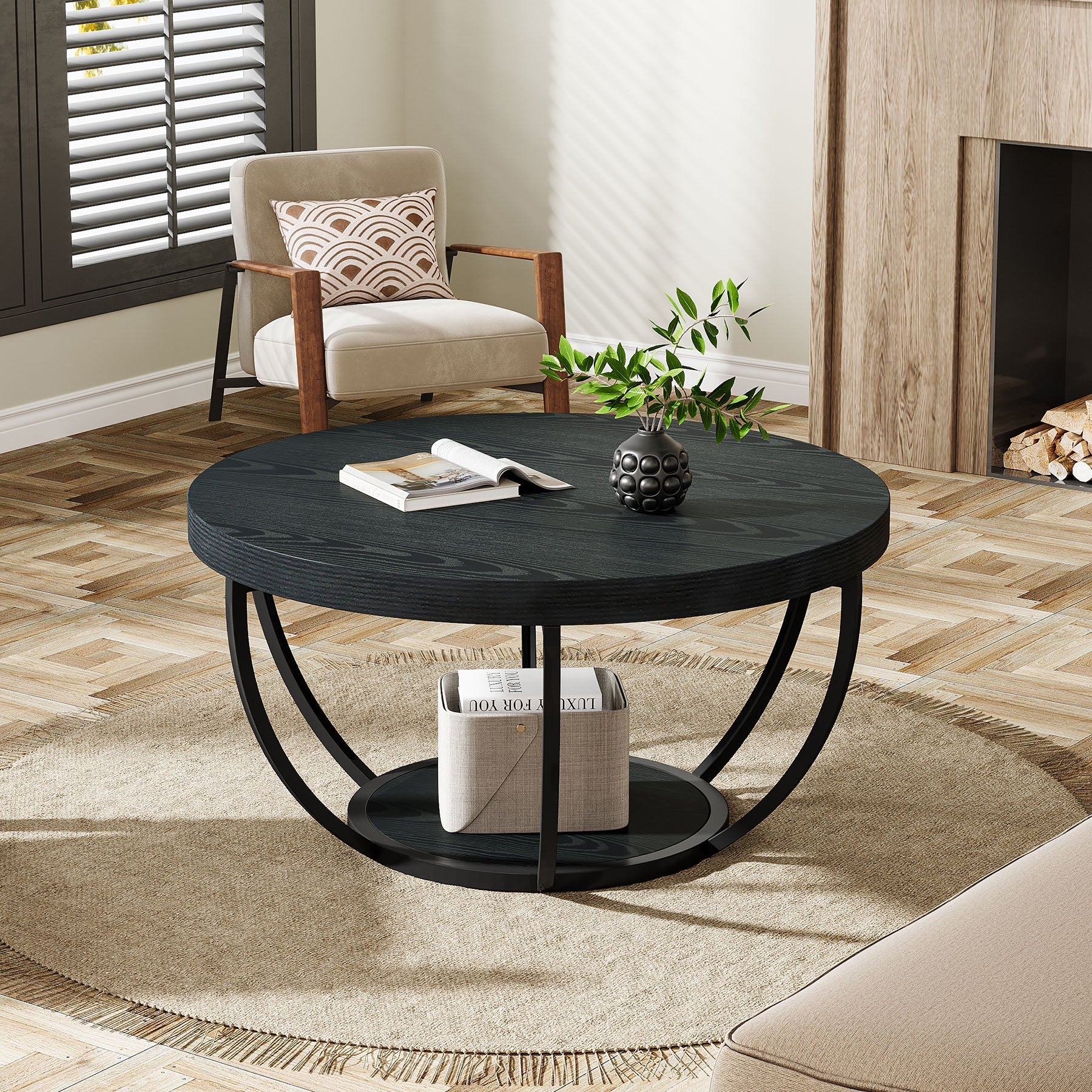 31.69" Round Wooden Coffee Table, 2-Tier Central Cocktail Table with Shelves