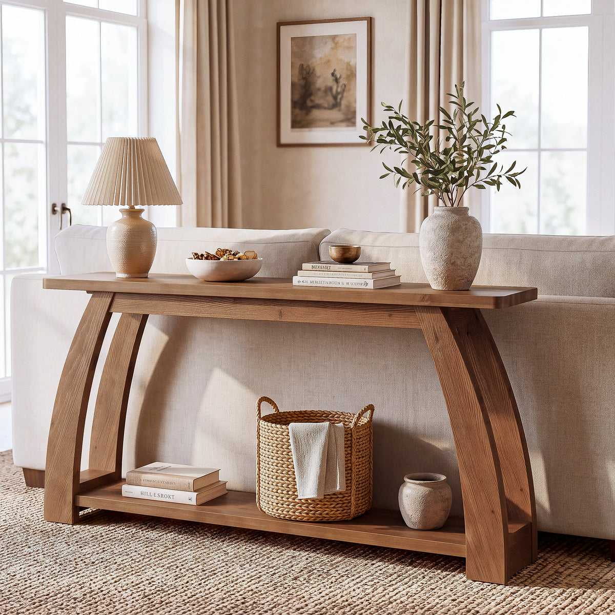160cm Console Table, Solid Wood 2-Tier Arched Leg Entryway Table