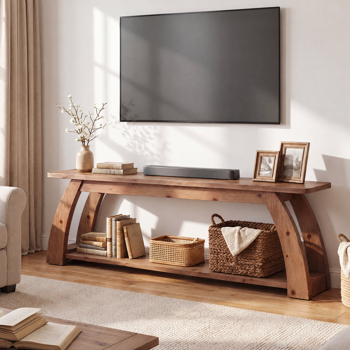160cm TV Stand, 2-Tier Solid Wood Entertainment Centre with Open Storage for up to 75" TVs