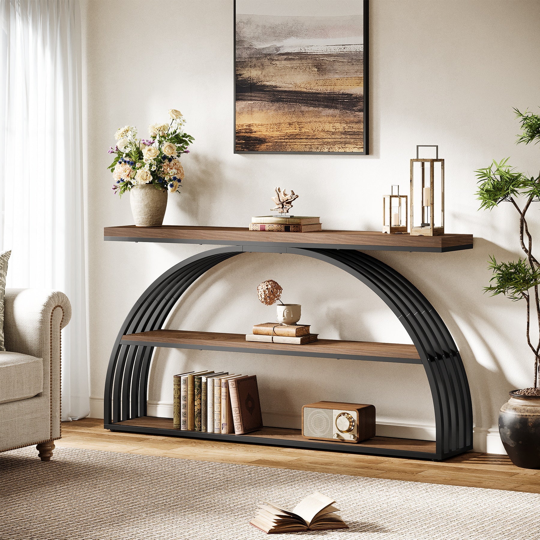 63" Console Table with 3-Tier Storage Shelves, Arched Frame Sofa Table for Living Room