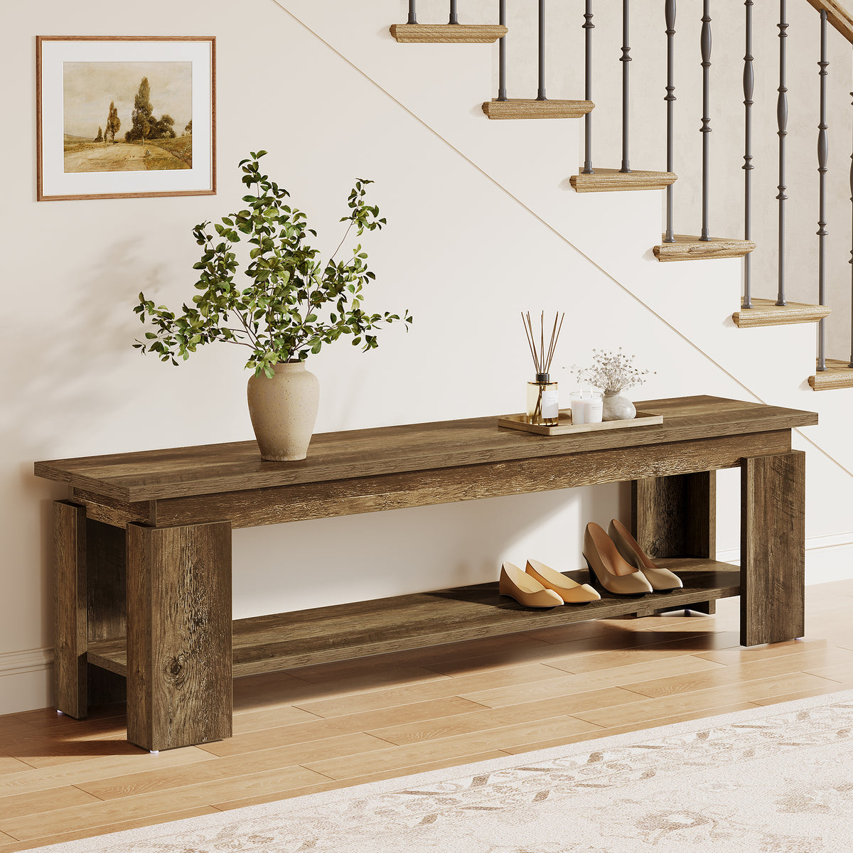 Tribesigns 160cm Entryway Bench, Farmhouse Shoe Bench with Storage Shelf