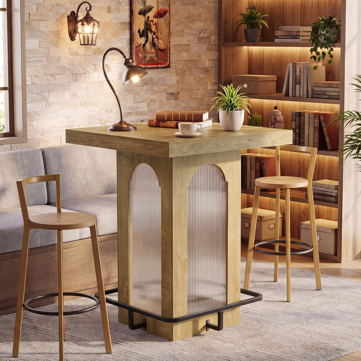 100cm Bar Table, Square High Top with RGB Light & Metal Footrest for Kitchen Home Bar