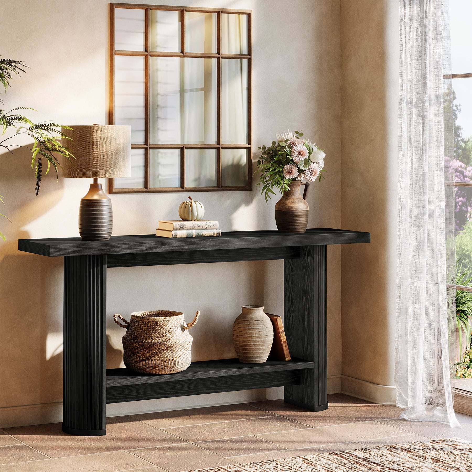 55" Narrow Console Table with Storage Shelf, Rustic Entryway Sofa Table