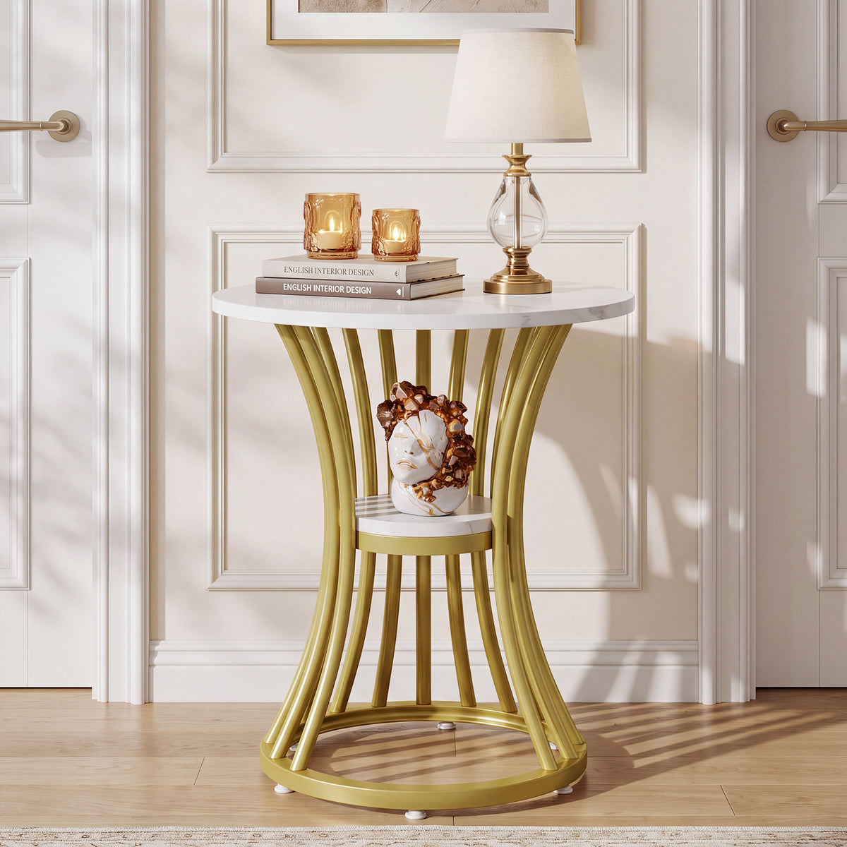 48cm Round Faux Marble End Table, 2-Tier Modern Side Table for Living Room Patio