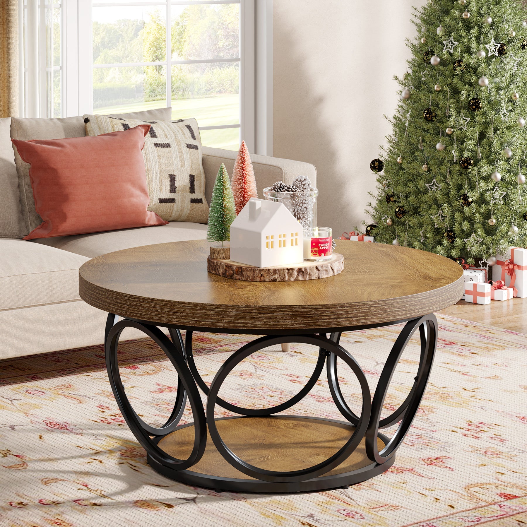 Farmhouse Coffee Table, Round Center Table with 2 Storage Shelves