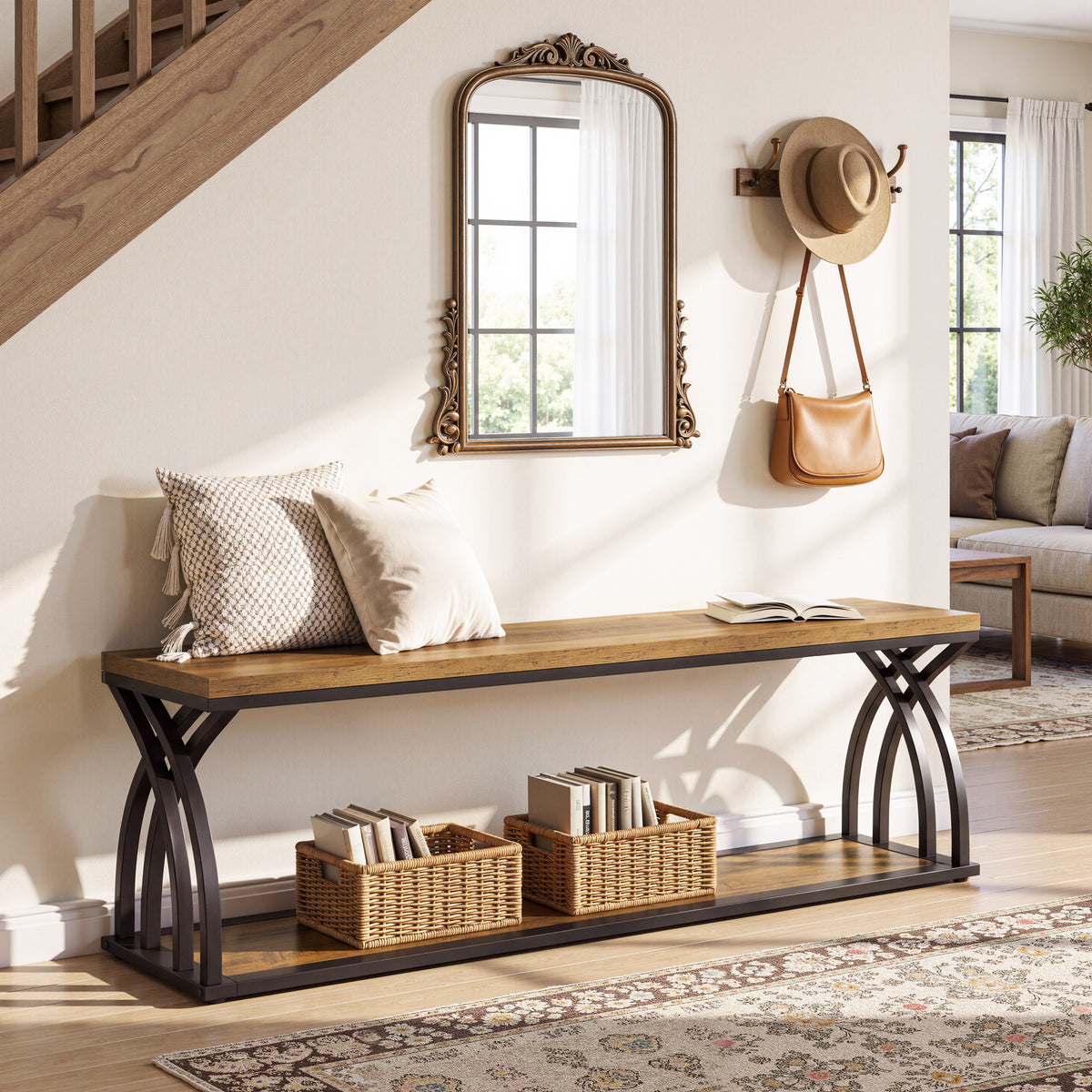 140cm Industrial Storage Bench with Shoe Rack, 2-Tier Entryway Bench for Hallway & End of Bed