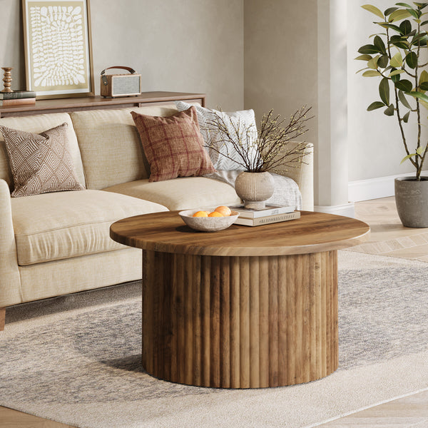 Tribesigns Round Coffee Table, Fluted Drum Base for Living Room