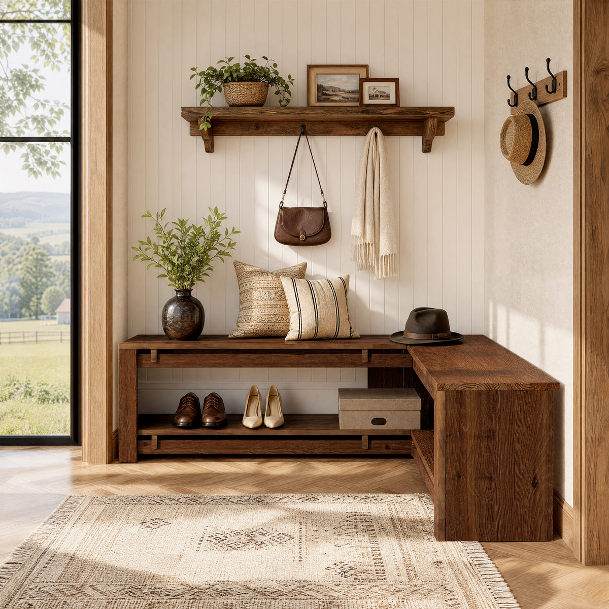 120cm L-Shaped Corner Bench, Rustic Solid Wood Shoe Storage for Entryway