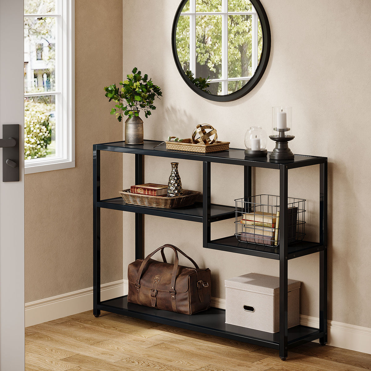110cm Console Table, 4-Tier Black Entryway Storage Shelf with Metal Frame