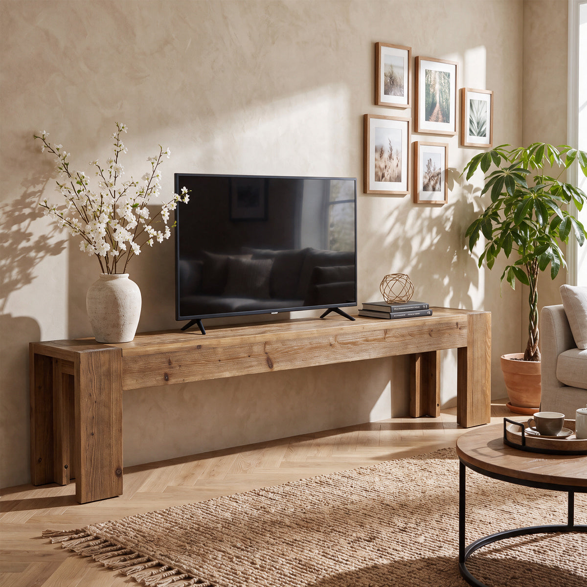 180cm TV Stand, Extra Long Solid Wood Farmhouse Entertainment Centre for Living Room