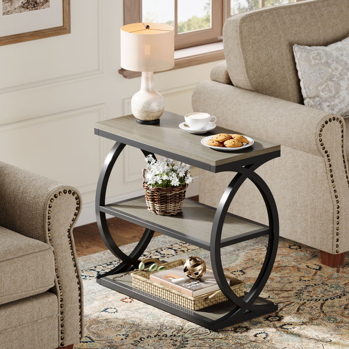 3-Tier End Table, Narrow Side Table Nightstand with Metal Frame