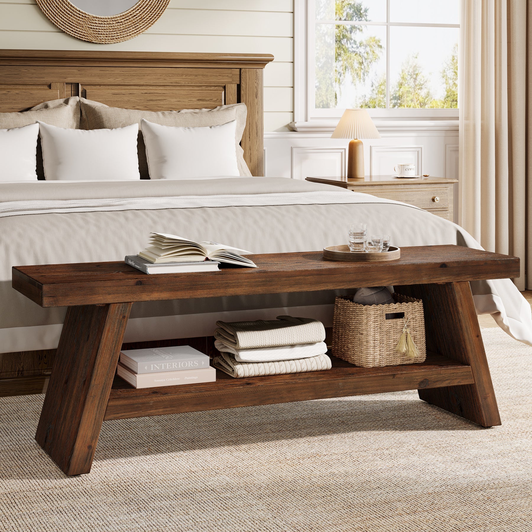 120cm 2-Tier Solid Wood Entryway Bench with Open Storage, Wooden Shoe Bench for Hallway & Foyer