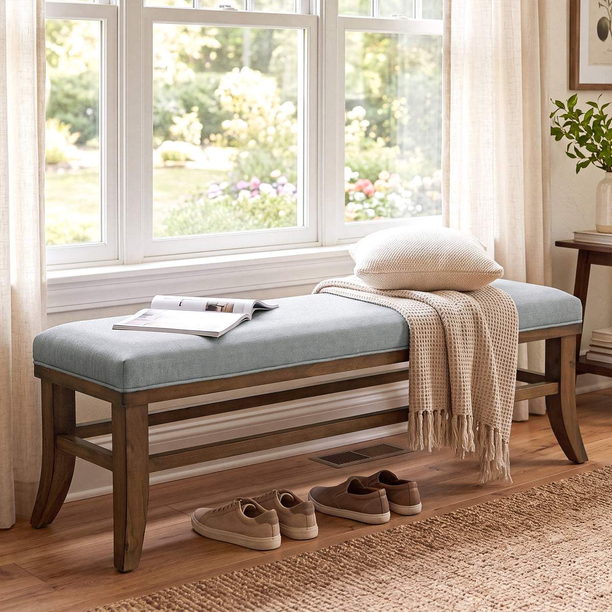 140cm Entryway Bench, Upholstered Wooden Bench with Linen Cushion & Solid Pine Frame