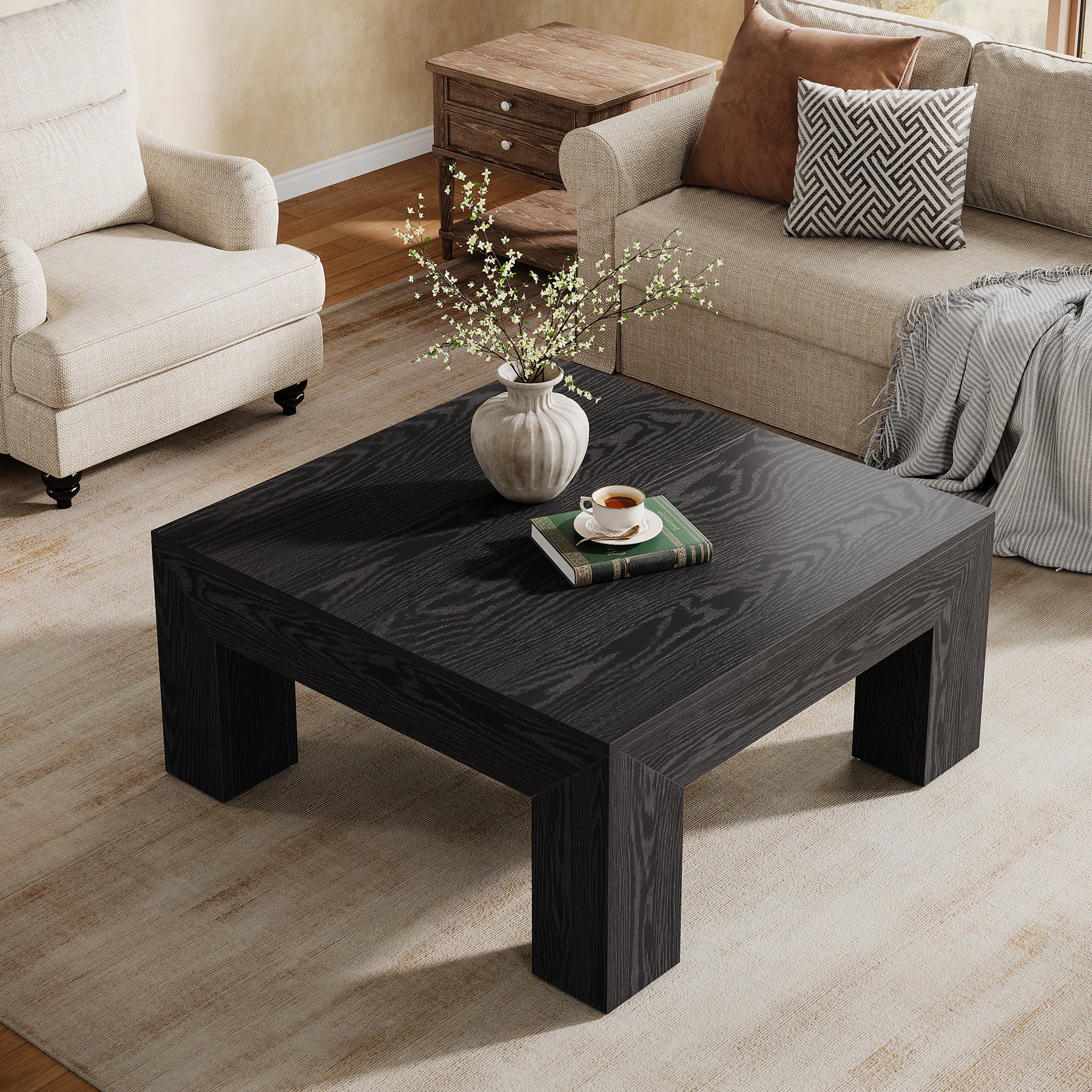 39" Square Farmhouse Coffee Table, Tea Table with Sturdy Wood Legs