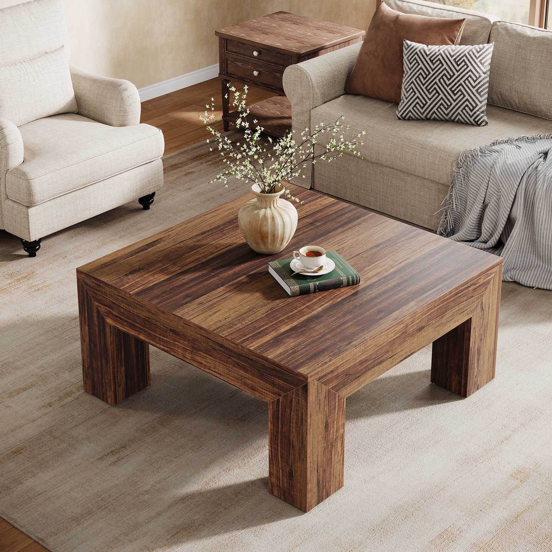 39" Square Farmhouse Coffee Table, Tea Table with Sturdy Wood Legs