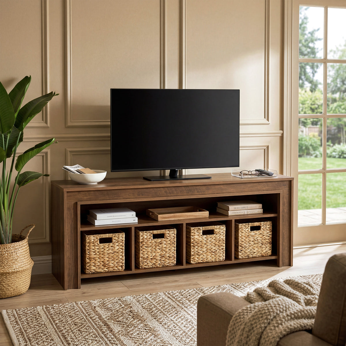 160cm Farmhouse TV Stand, Media Console with Baskets & Open Storage for 55-70" TVs
