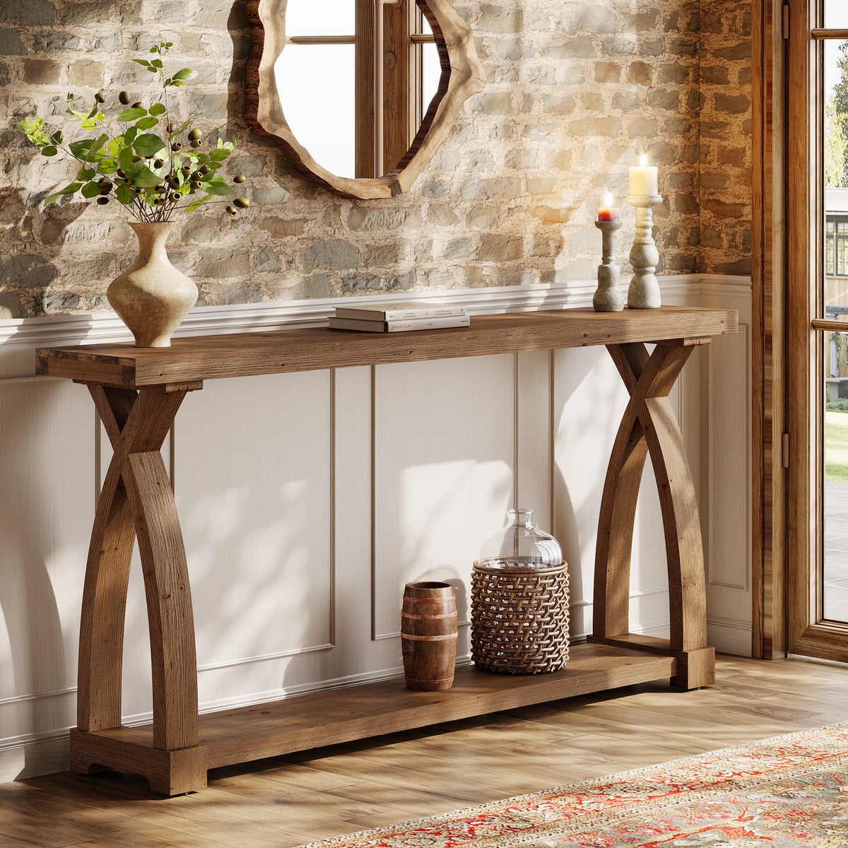 160cm Console Table, Narrow Solid Wood 2-Tier for Hallway Living Room