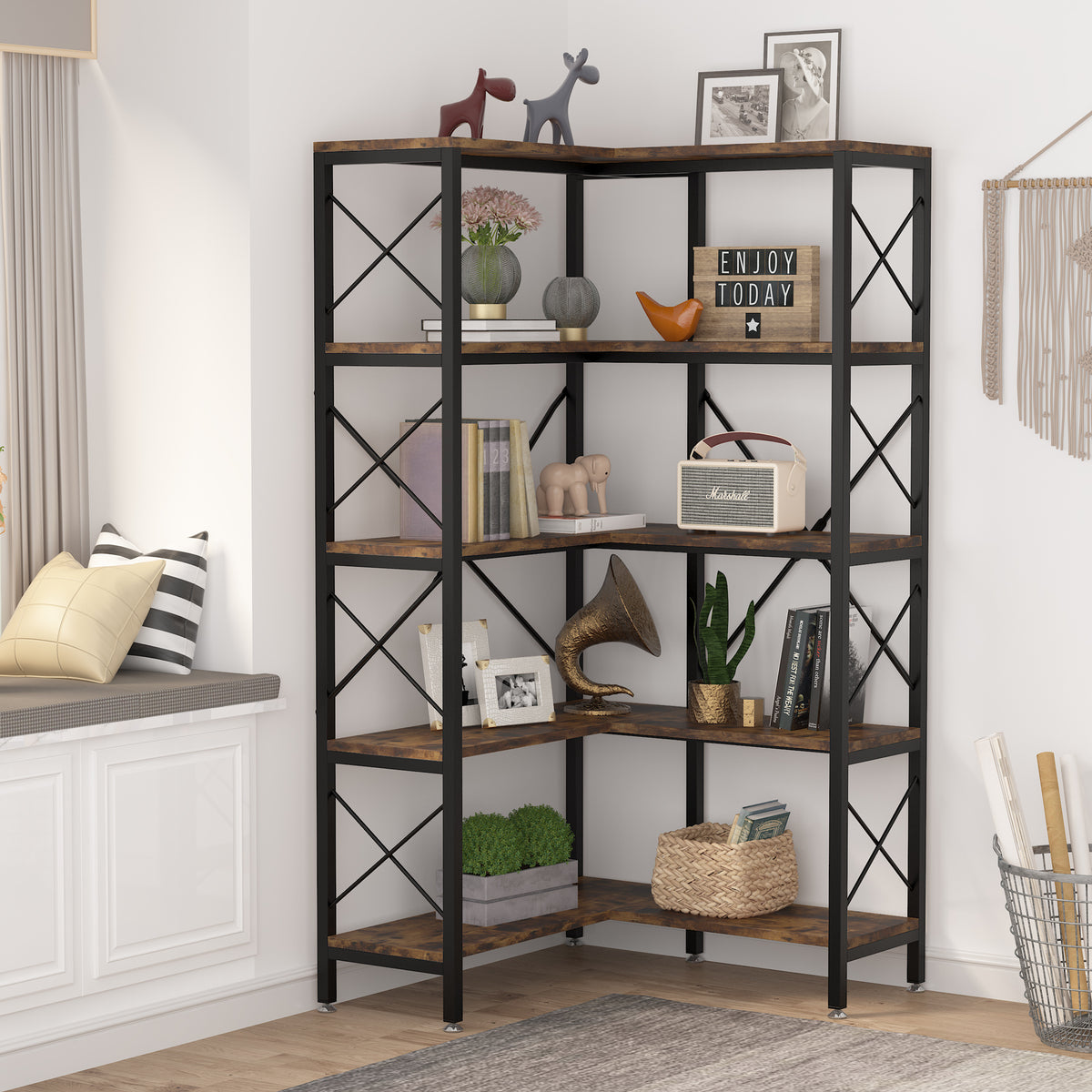 168cm Corner Bookshelf, 5-Tier Industrial Open Storage Rack