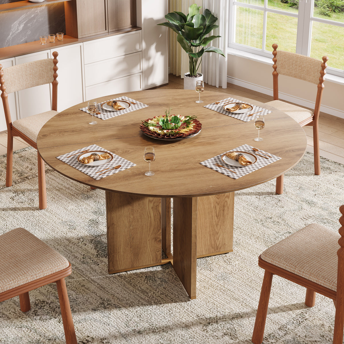 39.4" Round Dining Table, Farmhouse Kitchen Table with Storage Shelf and X-Shape Base