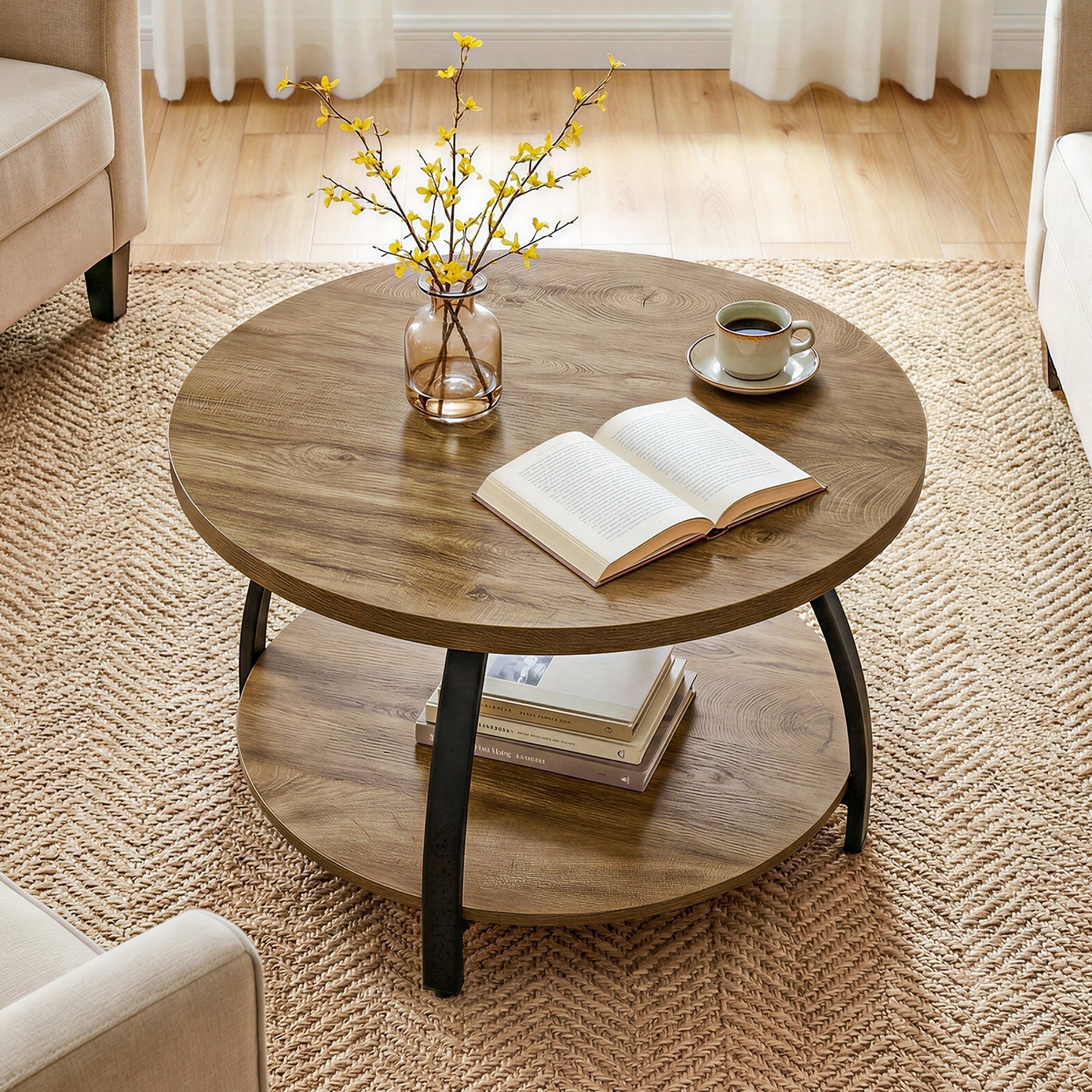 80cm Round Coffee Table, Center Cocktail Table with 2-Tier Storage Shelves
